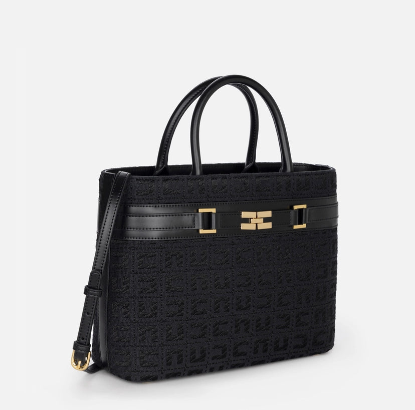 Elisabetta Franchi Shopper grande in tessuto jacquard con morsetto