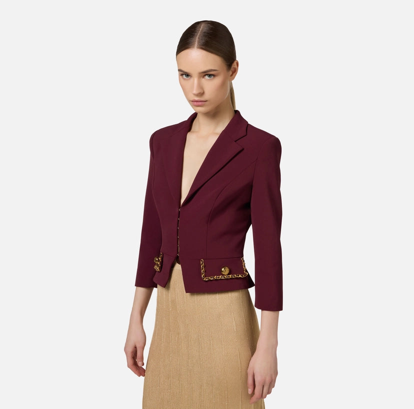 Elisabetta Franchi Giacca cropped in crepe stretch con catena