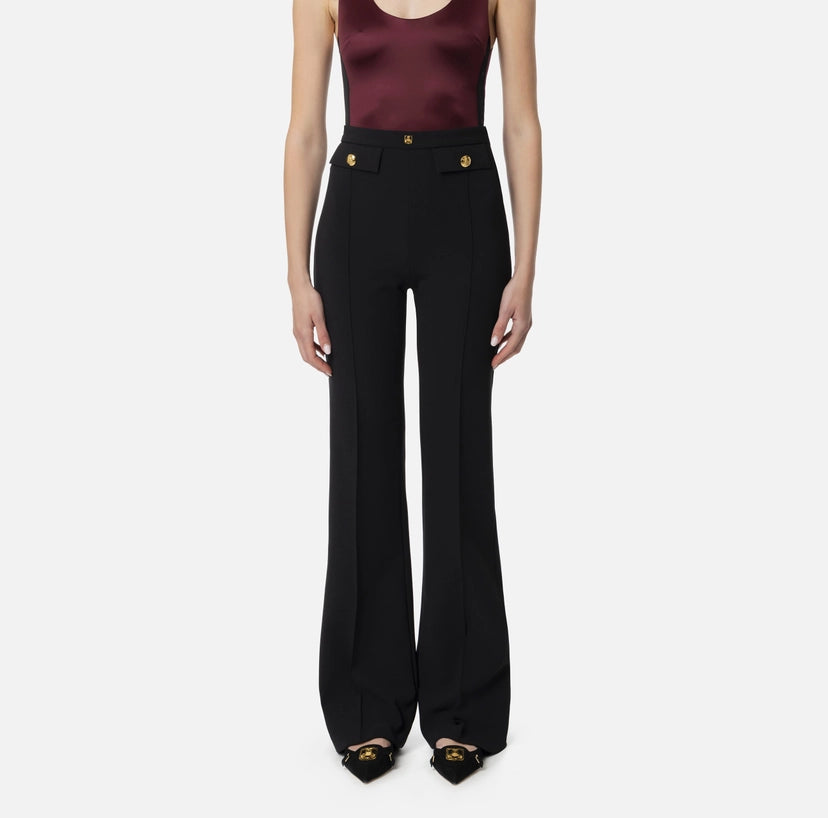 Elisabetta Franchi Pantalone palazzo in crepe stretch con rivetto logo